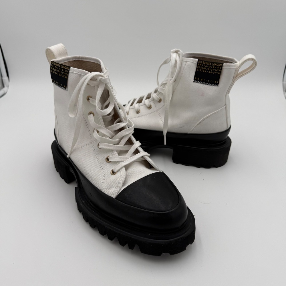 NWOT AllSaints Myla Canvas Combat Boots Size 10 White Black Chunky Lug Sole